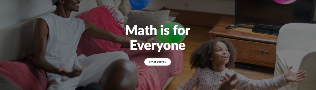 Banner that says Math is for Everyone with a girl in the background playing with a balloon