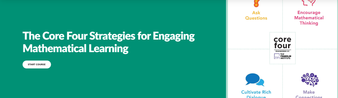 Teal banner with a title: Core Four Strategies for Mathematical Thinking next to four  educational icons
